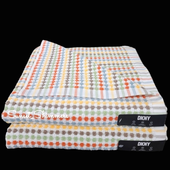 2pc DKNY Multicolored Rainbow Gingham Check Bath Towel Set NEW - Picture 2 of 5